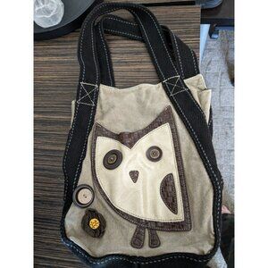 Chala Handbag  Tote Owl Canvas Shoulder Bag Khaki and Brown Leather Women's